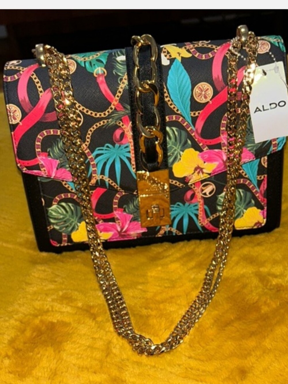 Aldo Black Shoulder Bag with Multicolor Tropical Print & Gold Chain